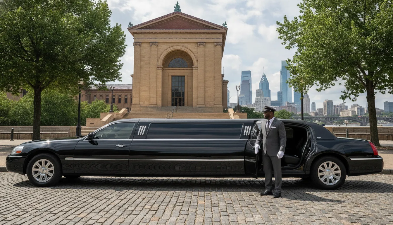 Professional limousine and chauffeur ready for a Philadelphia-area pickup