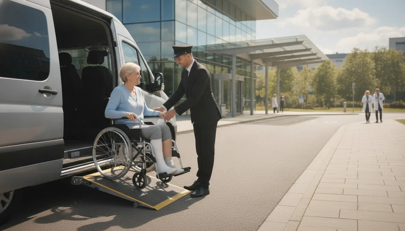 Chauffeur assisting a patient in a wheelchair into a wheelchair-accessible van at a hospital entrance