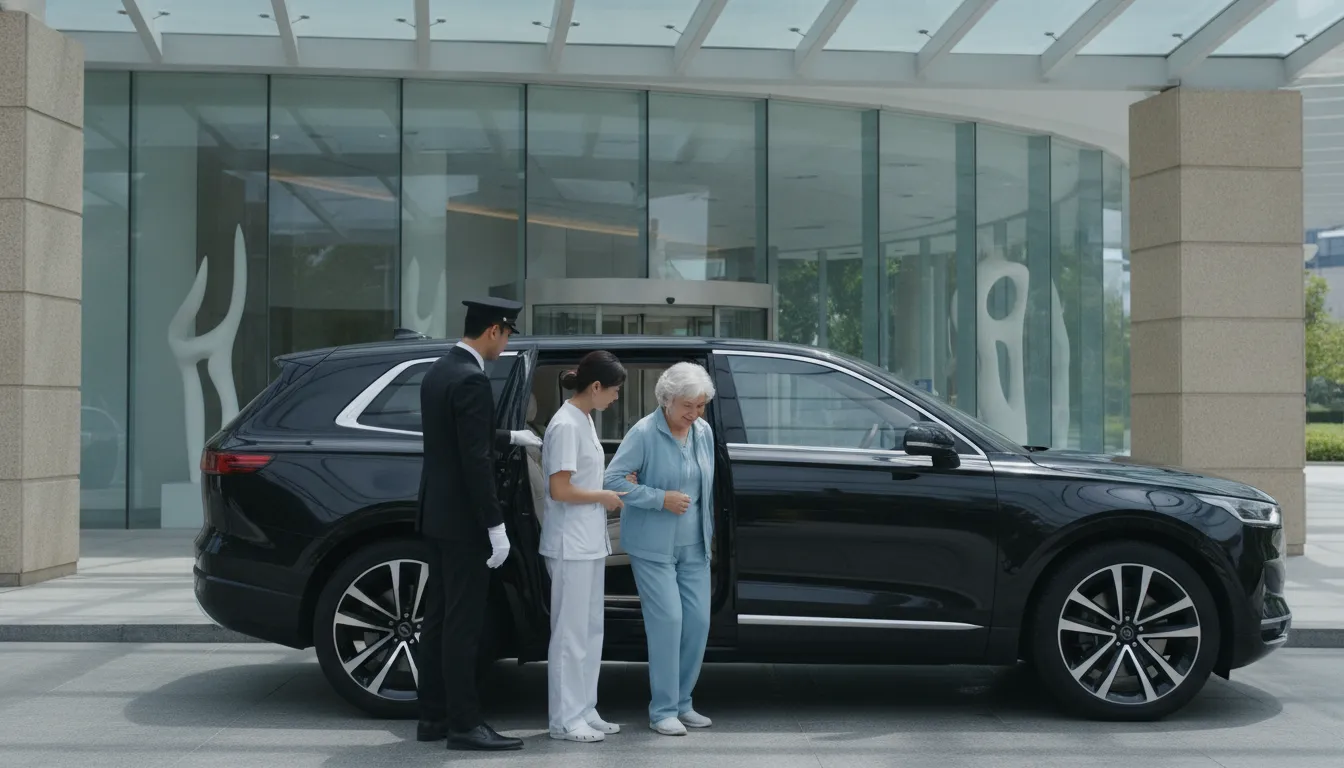 Chauffeur opening the door of a modern SUV for a senior patient at a healthcare facility entrance