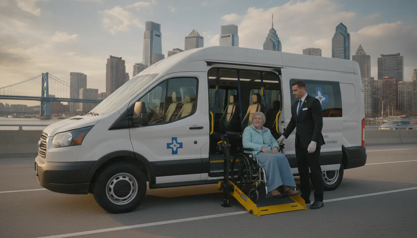 Professional chauffeur assisting a passenger into a wheelchair-accessible medical transport vehicle