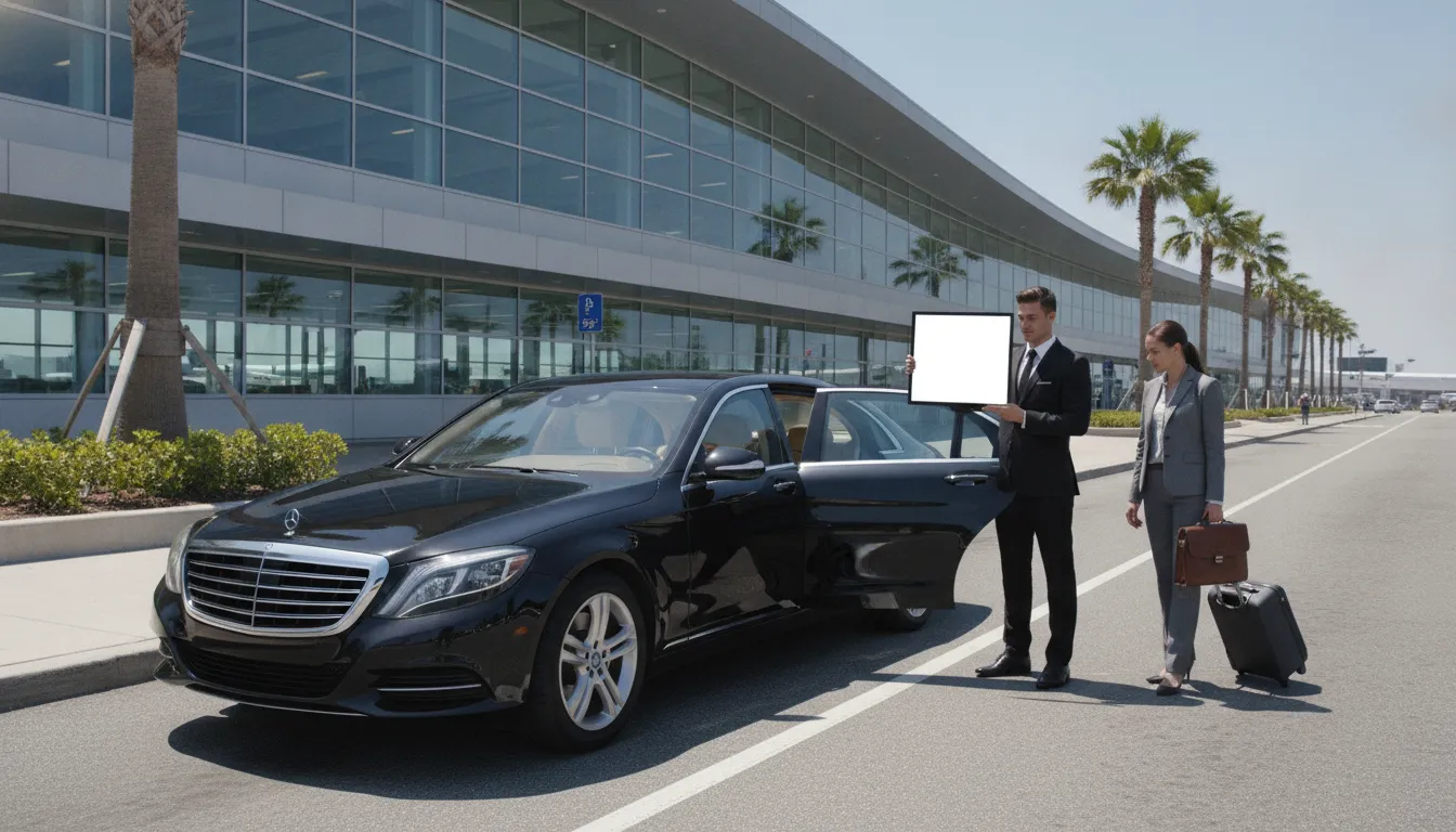 Professional chauffeur in suit holding a sign for a business traveler at Philadelphia International Airport curb