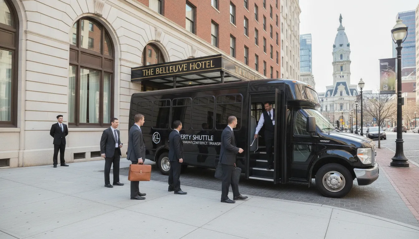 Corporate meeting attendees boarding a luxury mini-bus for a conference shuttle transfer in Philadelphia