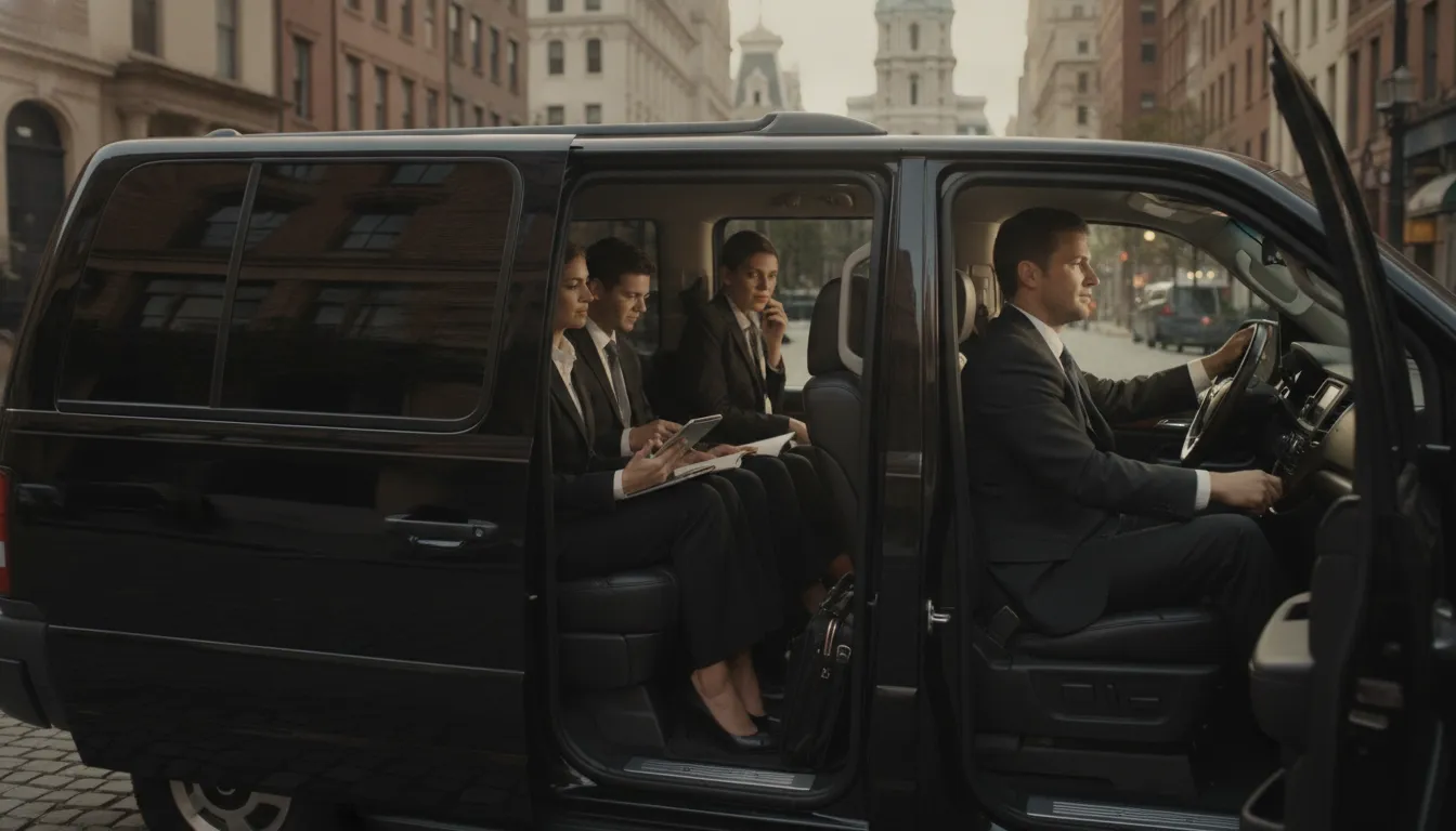 Corporate team in luxury SUV being driven through Philadelphia for business meeting