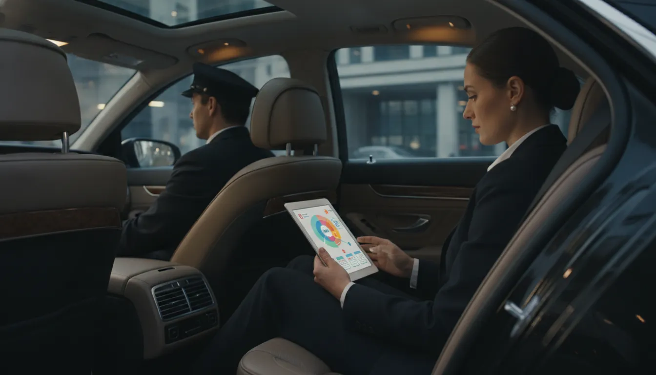 Business executive reviewing travel schedule on tablet inside luxury sedan with chauffeur, representing TMS integration for corporate ground transportation