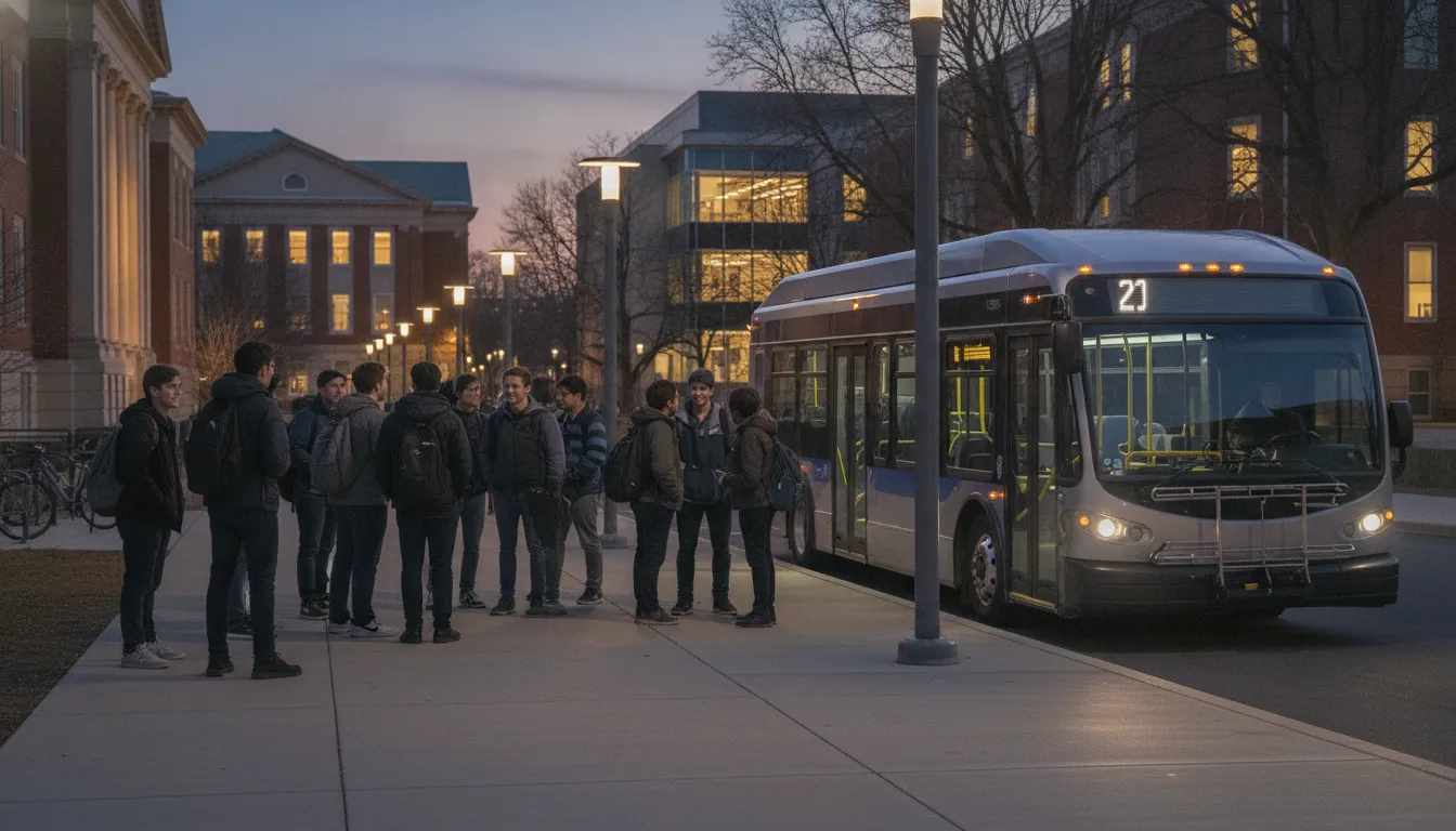 Campus shuttle bus loading students at a Philadelphia university at dusk, with safe campus shuttle services philadelphia during late-night travel