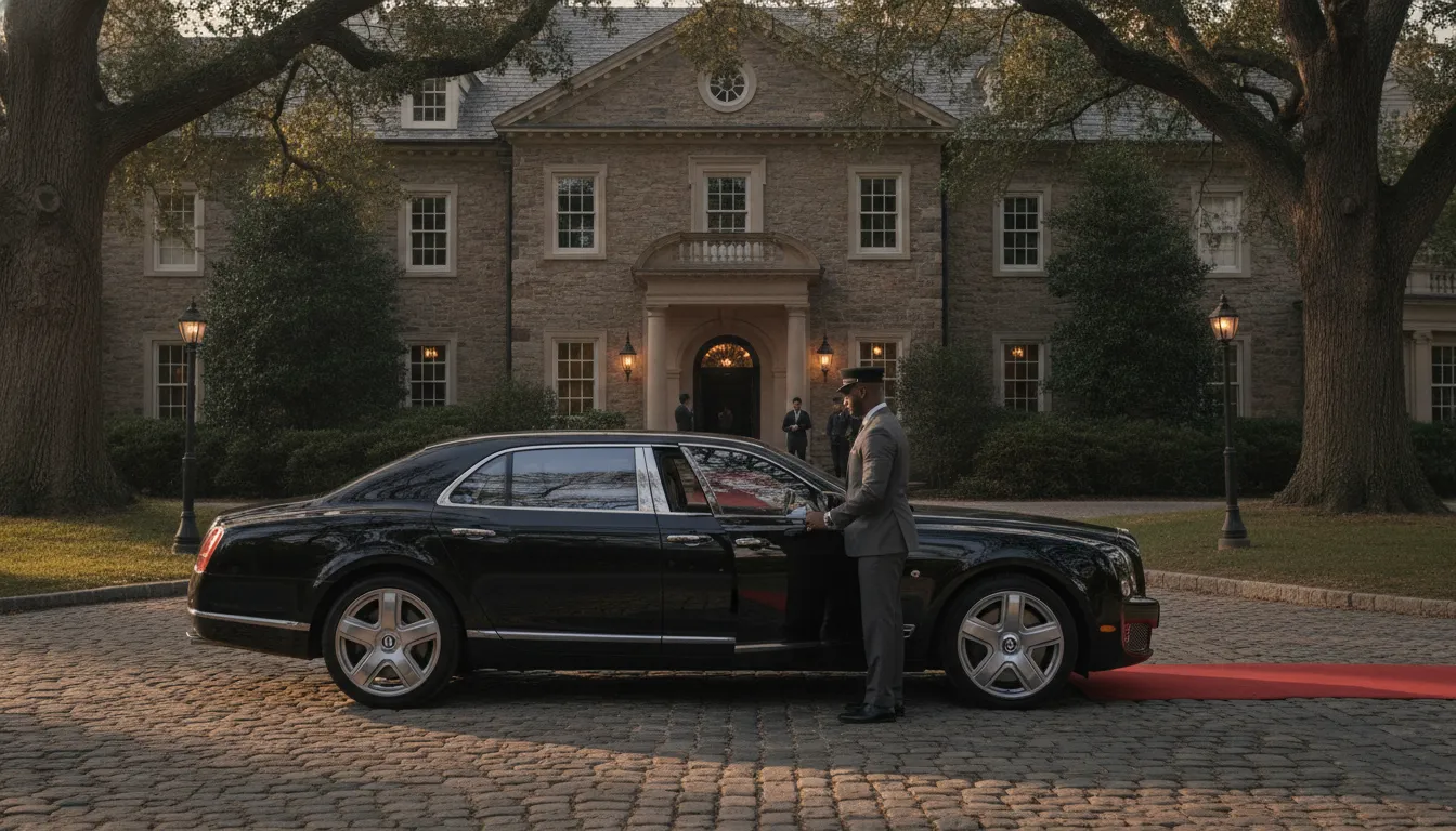 Uniformed chauffeur preparing a luxury sedan for passenger pickup near Philadelphia