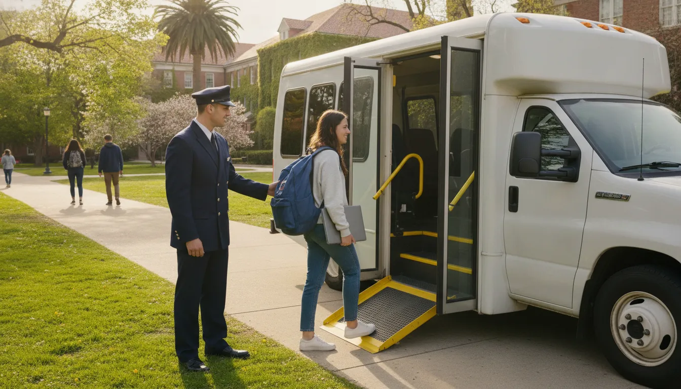 Professional shuttle driver assisting a student into an accessible campus shuttle van in Philadelphia