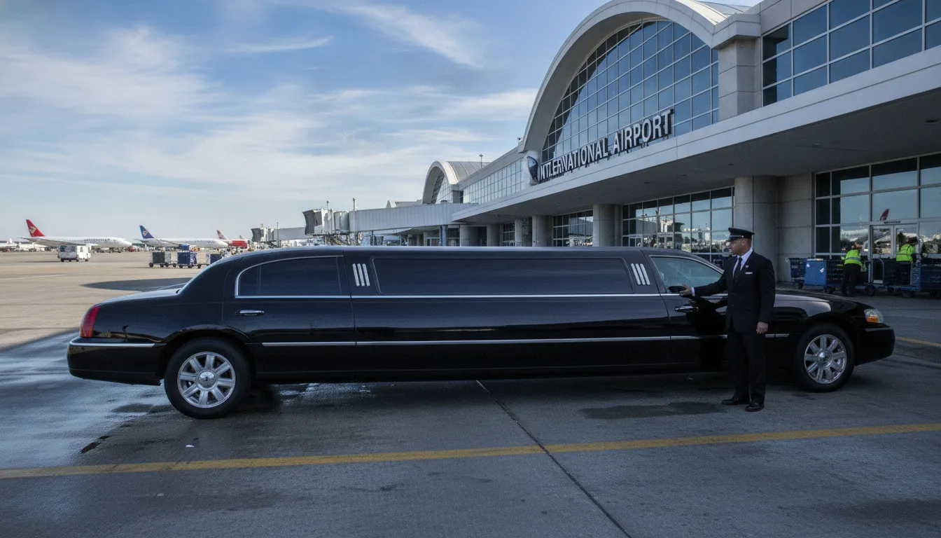Black limousine arriving at Philadelphia International Airport with a professional chauffeur
