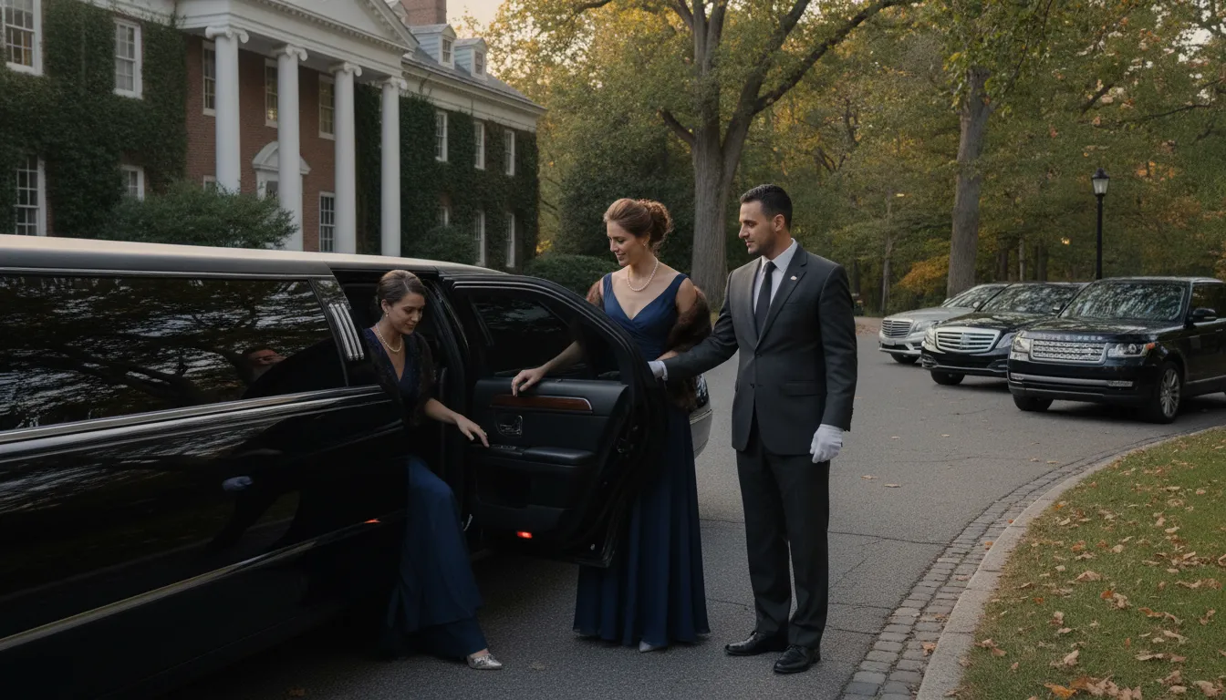 Professional chauffeur opening the door of a black stretch limousine for a client in Princeton, New Jersey