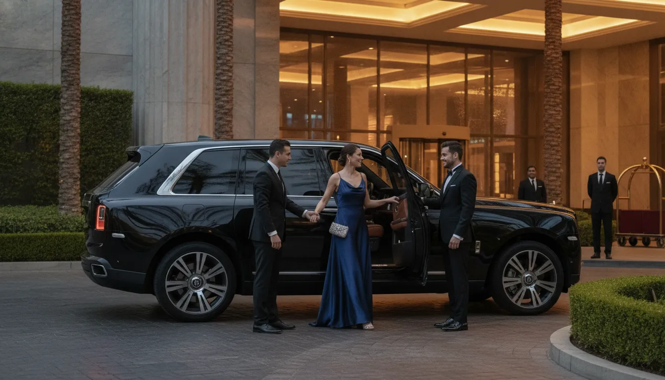 Chauffeur opening the door of a luxury SUV for a passenger outside a casino hotel in Atlantic City