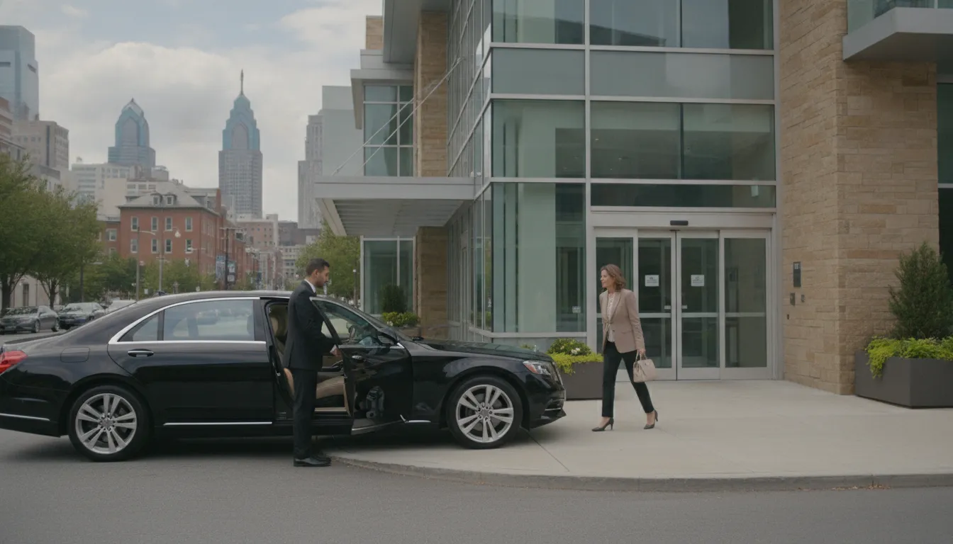 Professional chauffeur and sedan ready for medical appointment transportation in Philadelphia