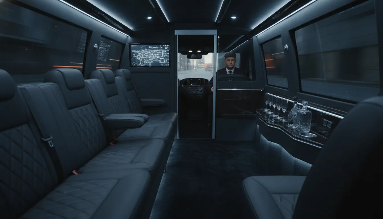 Luxurious Mercedes Sprinter limousine interior with leather seating and ambient LED lighting