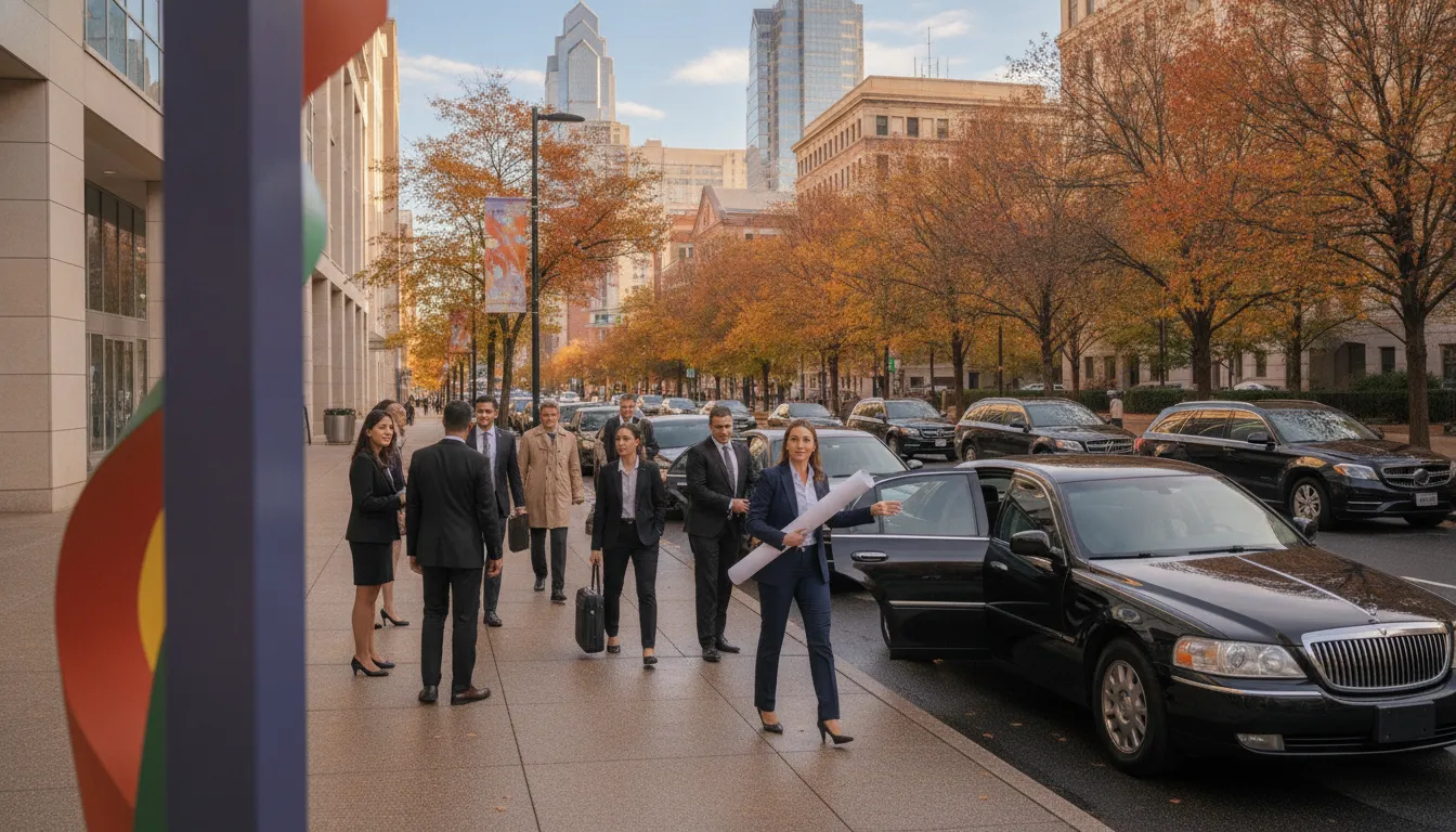 Corporate event professionals boarding chauffeured vehicles outside a Philadelphia convention center for multi-day conference transportation