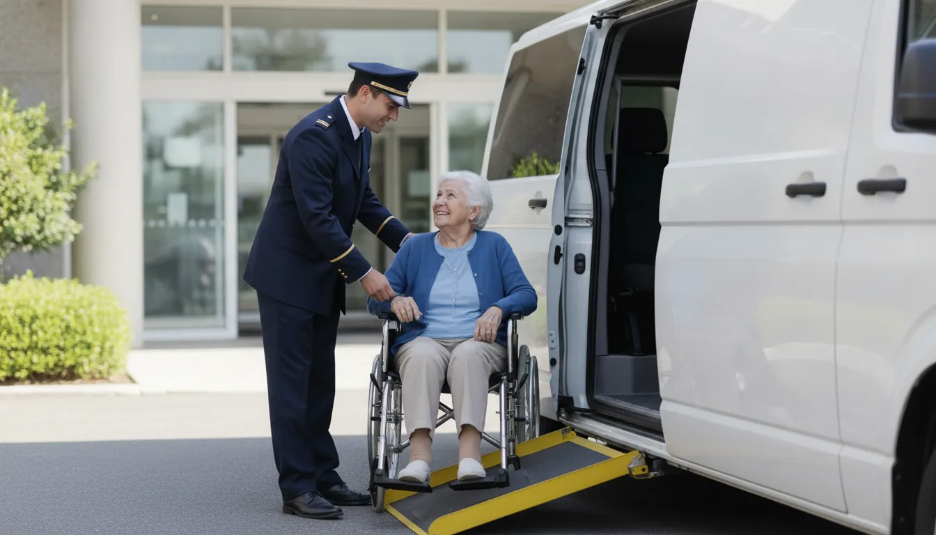 Professional chauffeur assisting a patient using a wheelchair at a hospital entrance