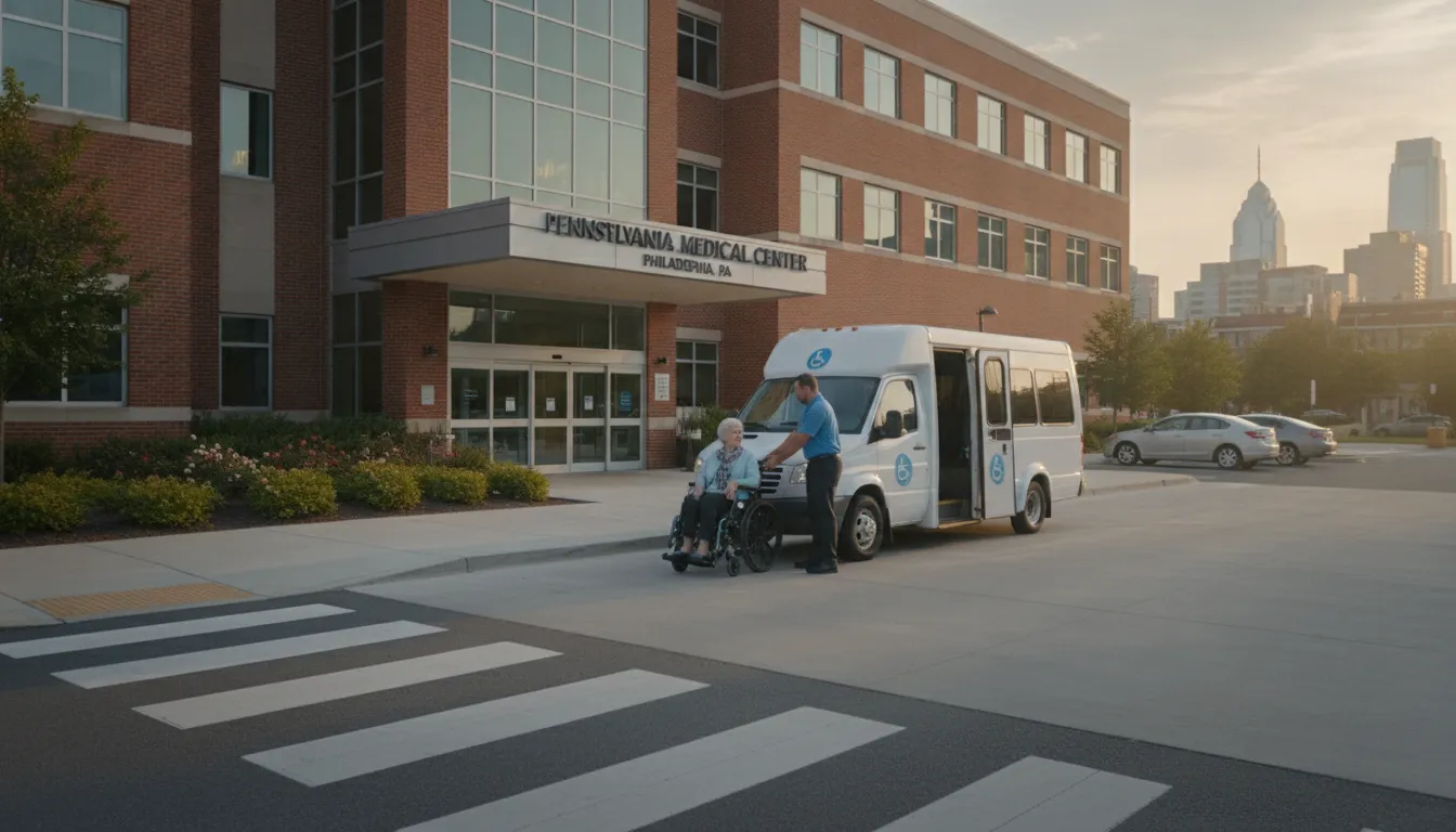 Wheelchair-accessible medical transport vehicle picking up a senior passenger in Philadelphia