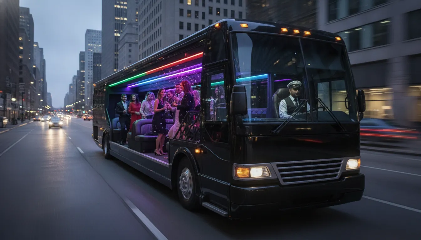 Luxury party bus interior with LED lighting and wrap-around leather seating