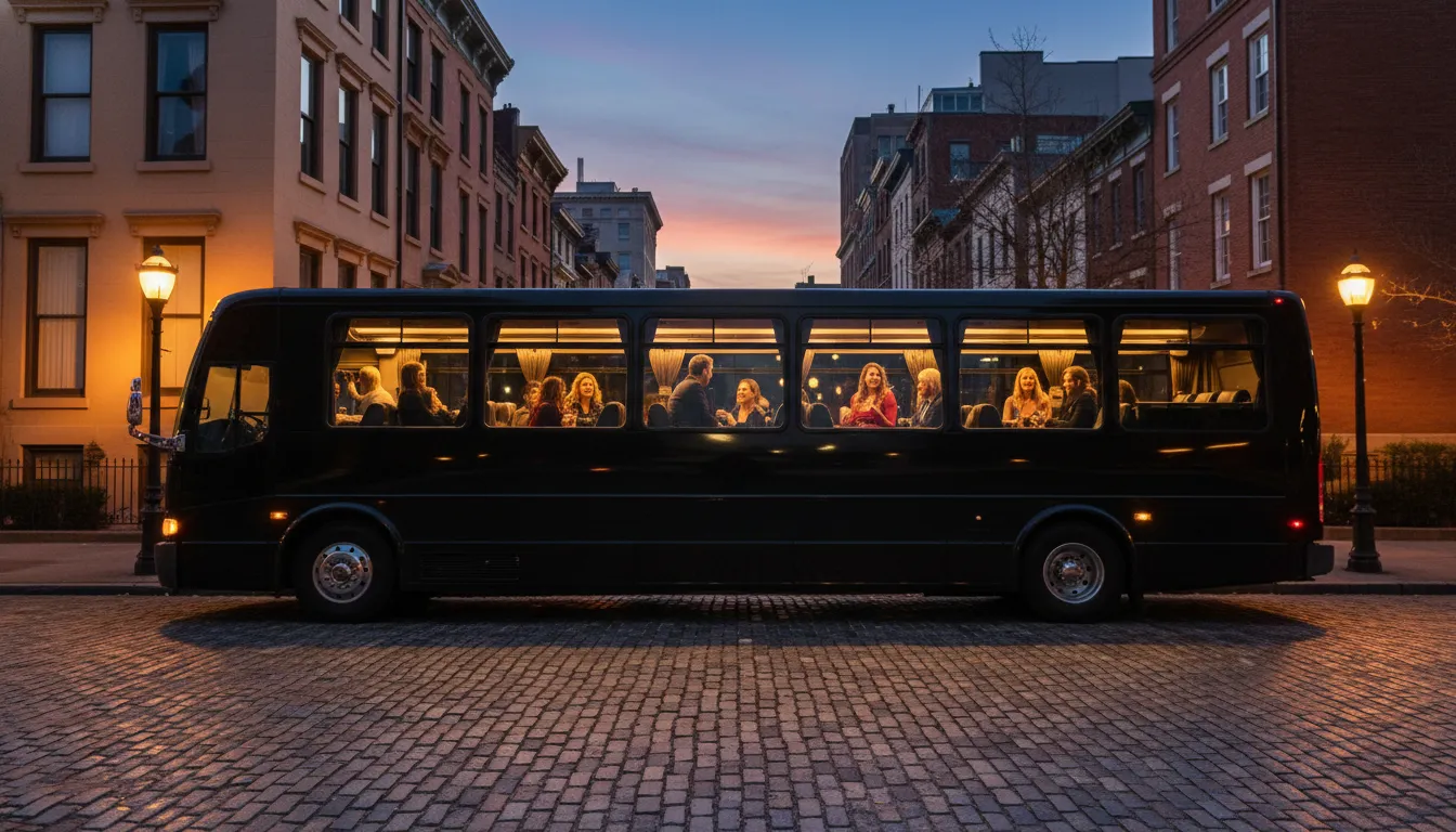 Black party bus on a Philadelphia street at dusk