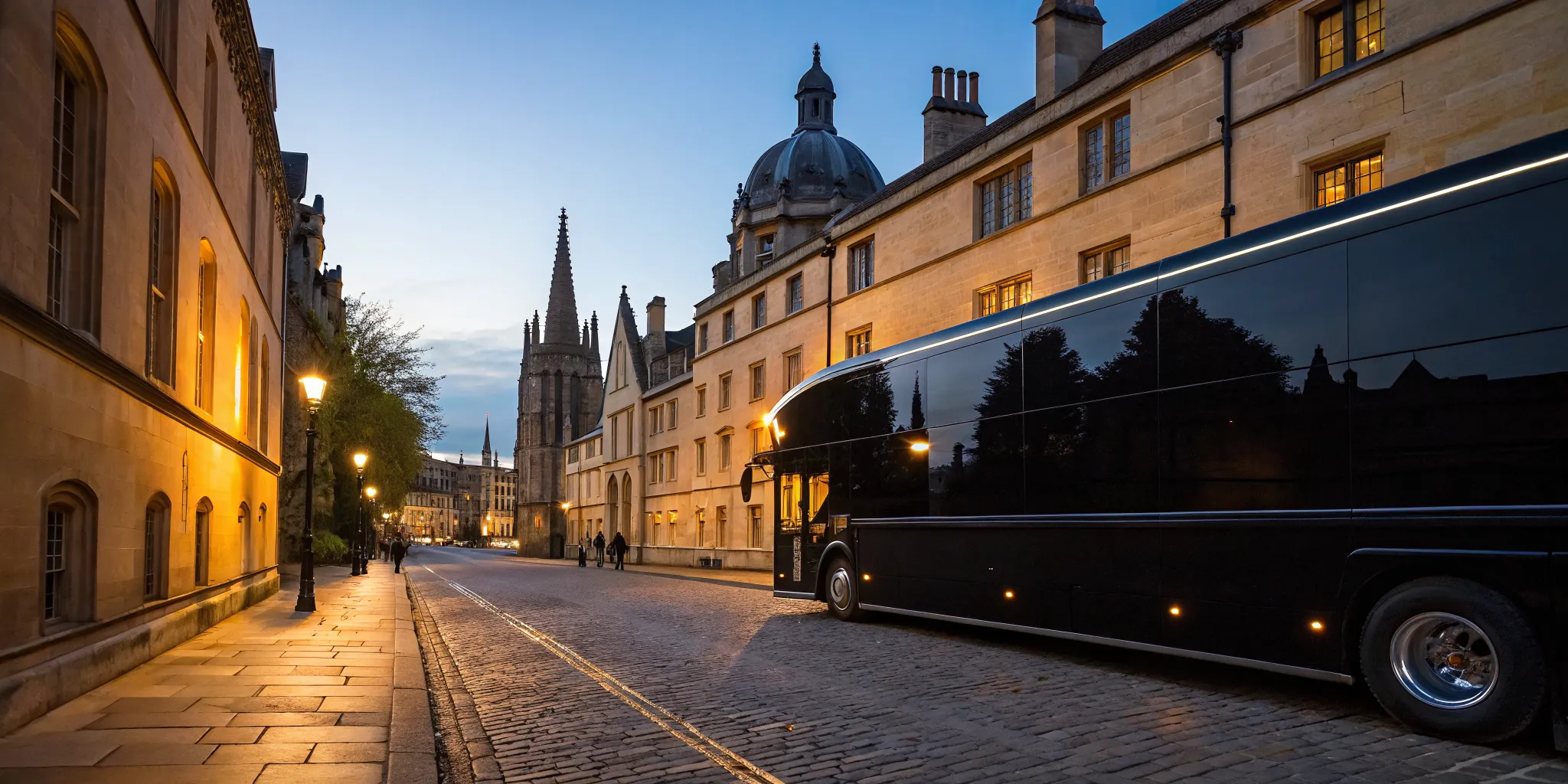 A luxury party bus parked in front of historic Oxford university buildings.