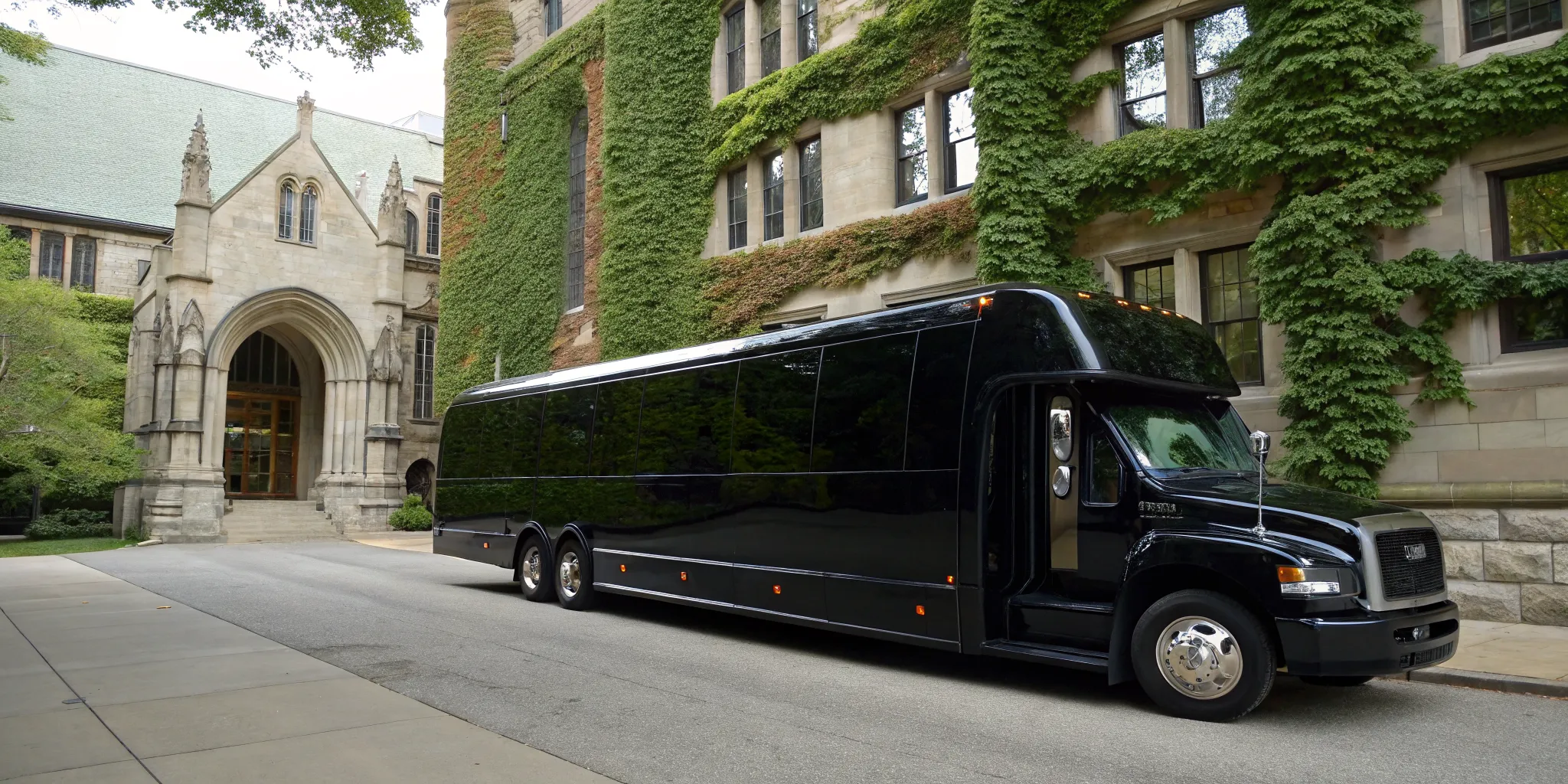 A sleek black party bus at Princeton University, ready for weddings, proms, and special events.