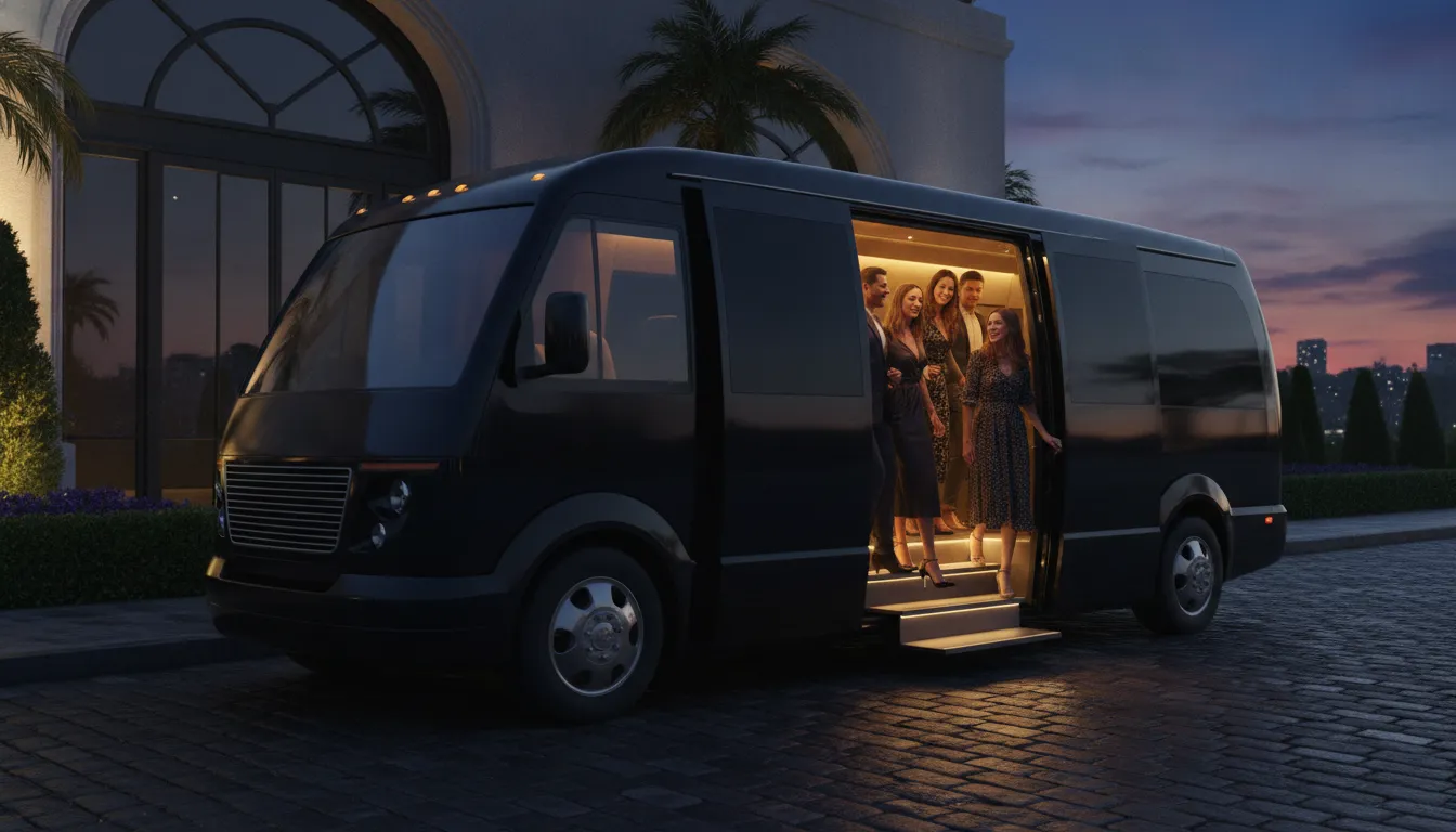 Professional black party shuttle van parked at an upscale venue for group transportation in Bayonne, NJ