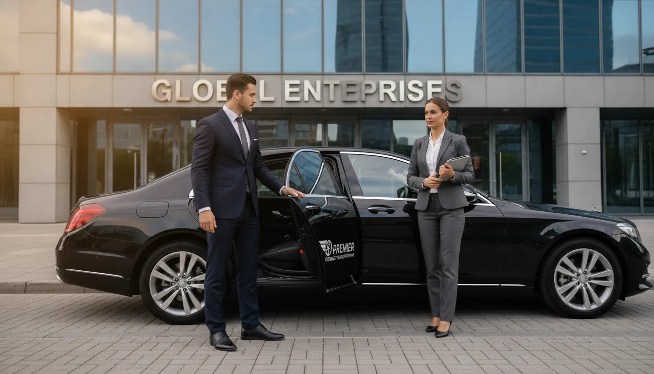 Professional chauffeur opening a luxury sedan door for an executive traveler outside a modern office building