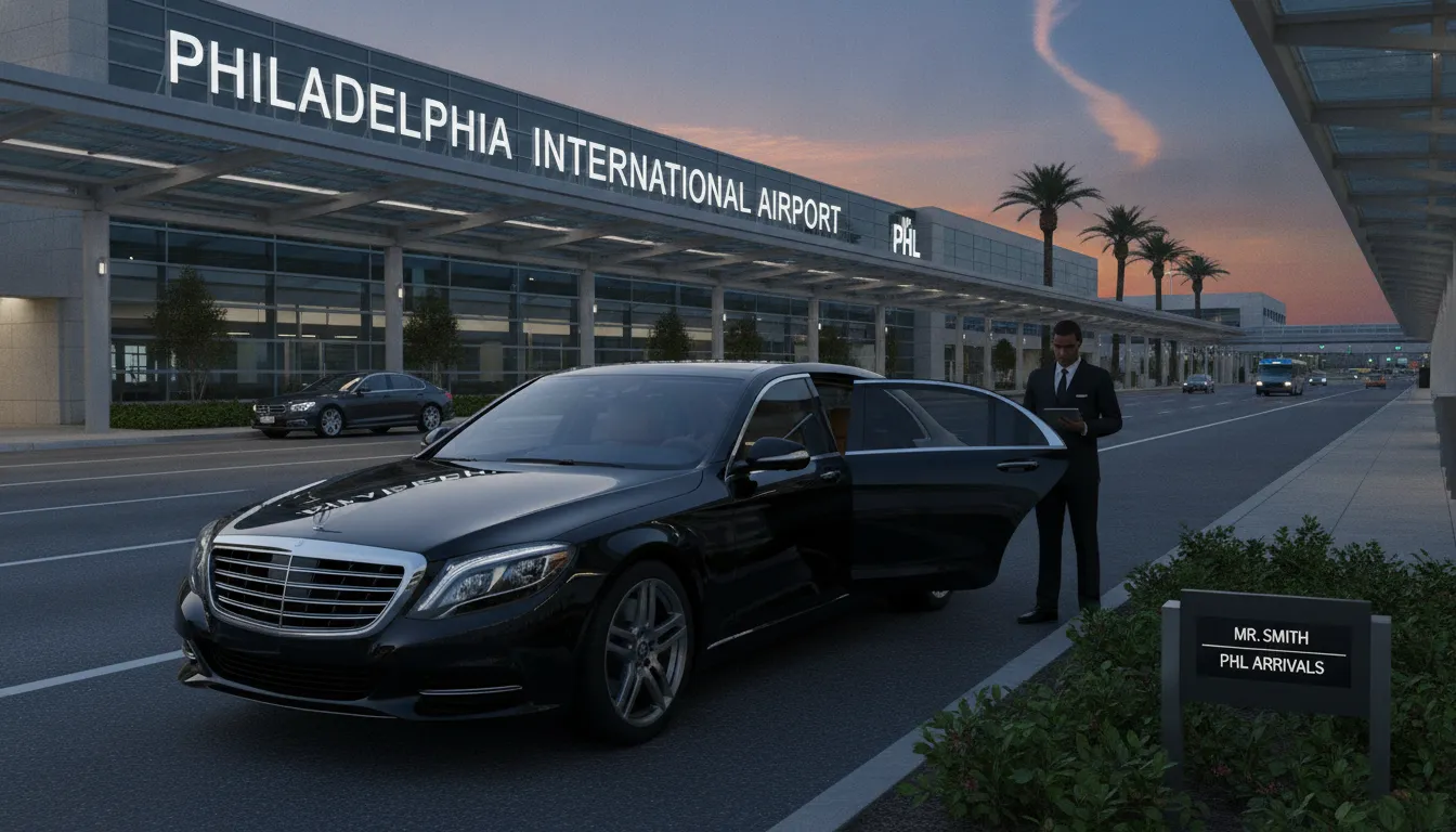 Black luxury sedan waiting at Philadelphia International Airport arrivals curb for airport transfer service