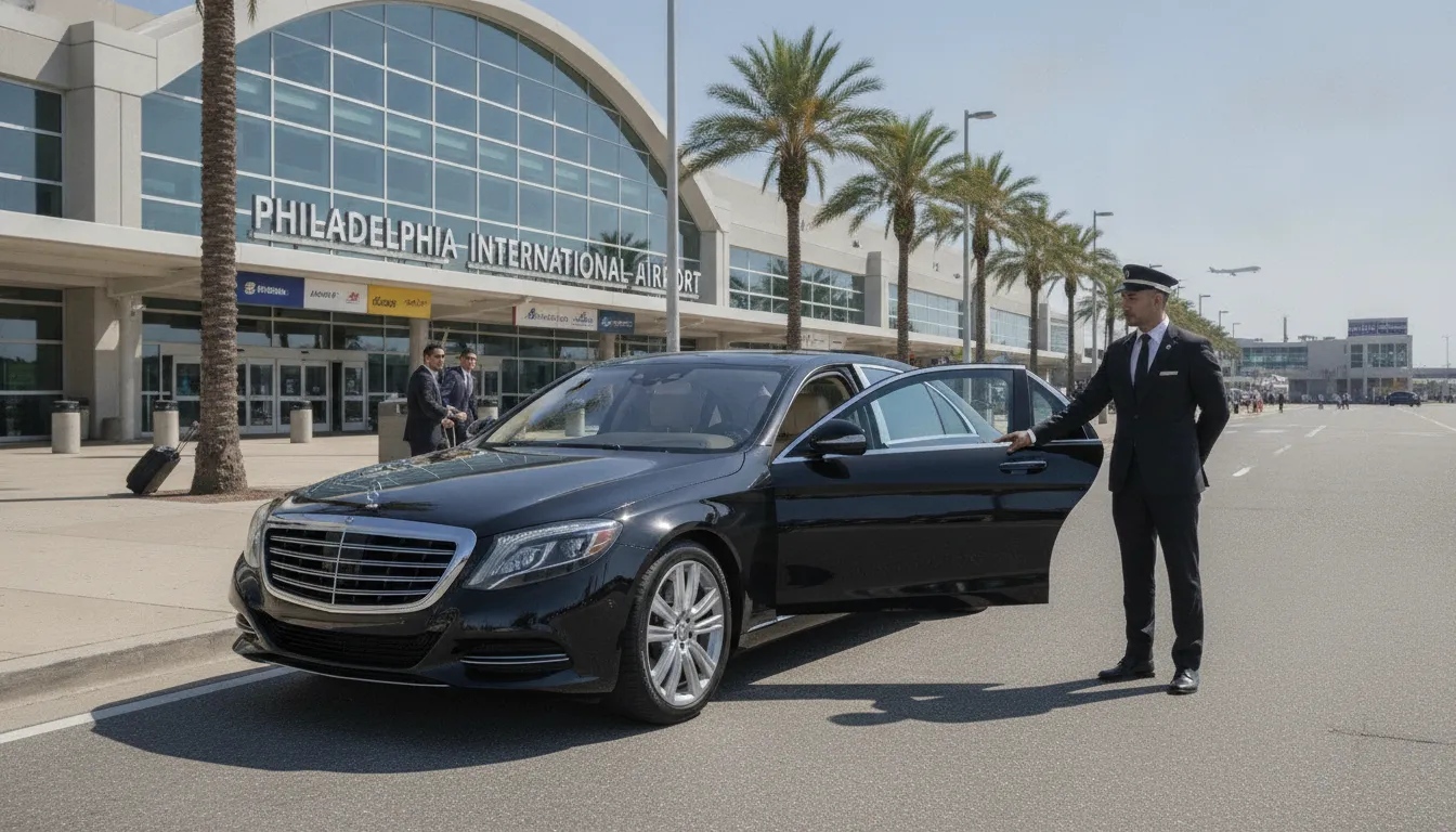 Luxury black car service vehicle waiting outside Philadelphia International Airport terminal with professional chauffeur