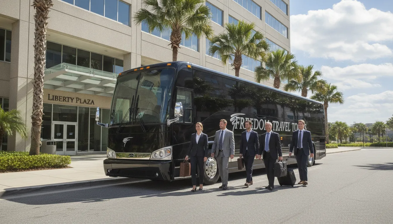 Professional charter bus outside a modern Philadelphia office building