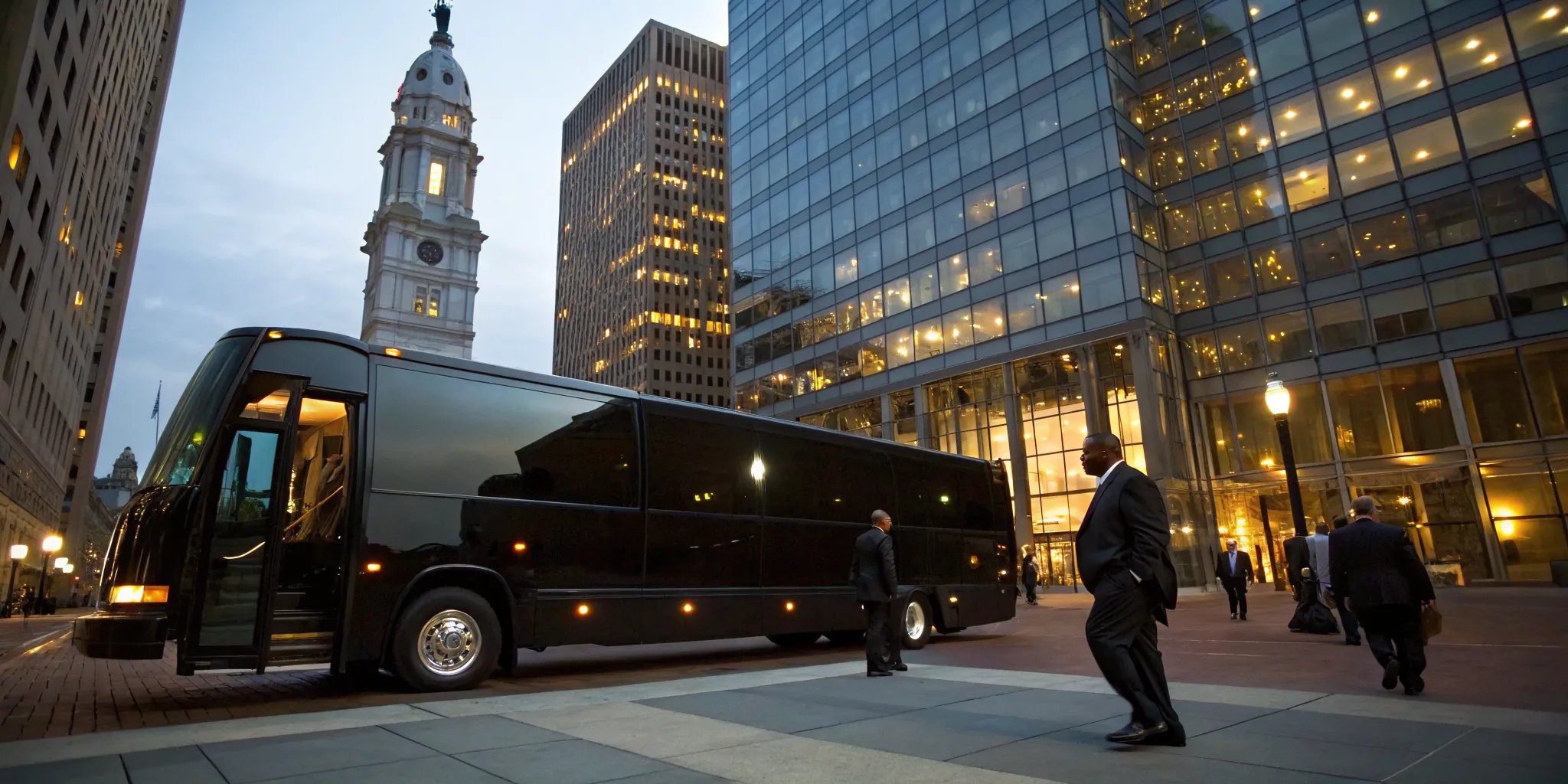 Business professionals next to a corporate event party bus rental in Philadelphia.