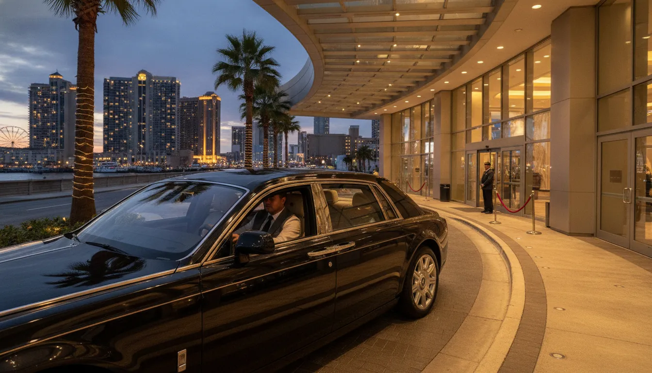 Luxury black sedan with professional chauffeur at an Atlantic City hotel entrance