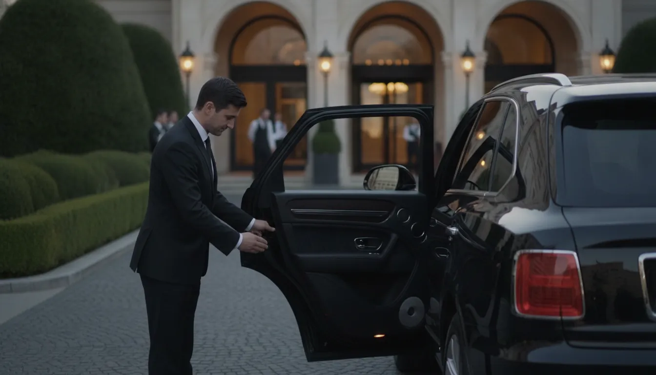 Professional chauffeur opening the passenger door of a luxury black SUV