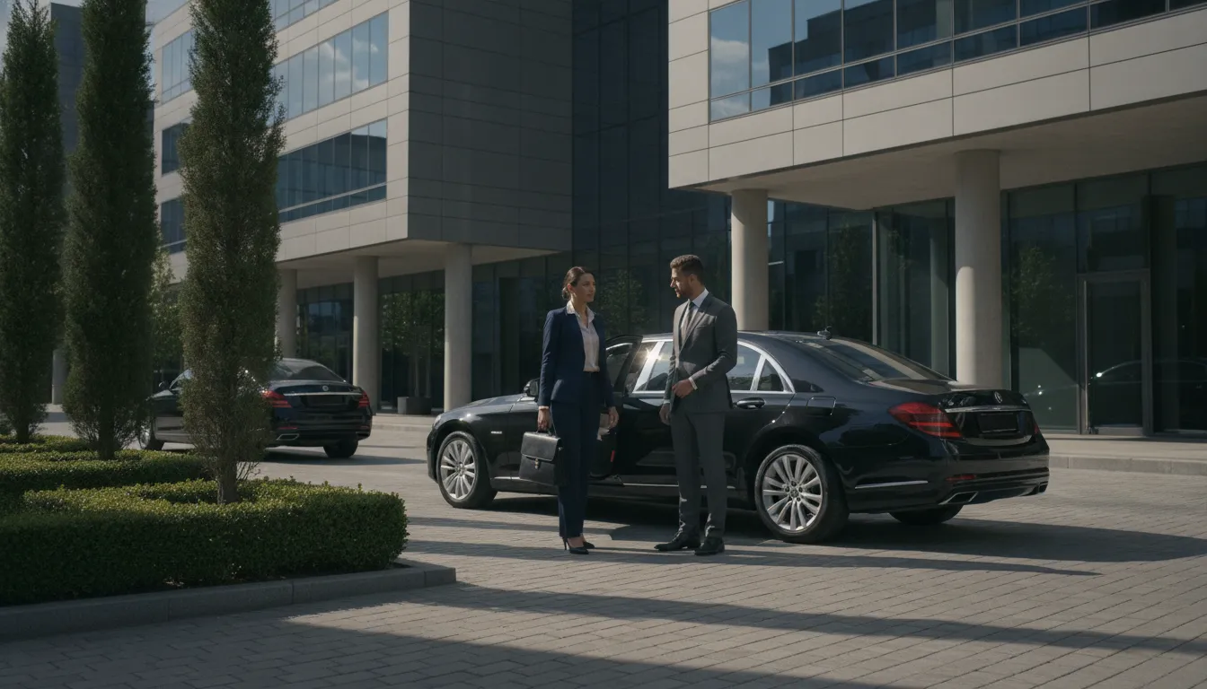 A professional chauffeur opening the door of a black luxury sedan for an executive outside a modern office building