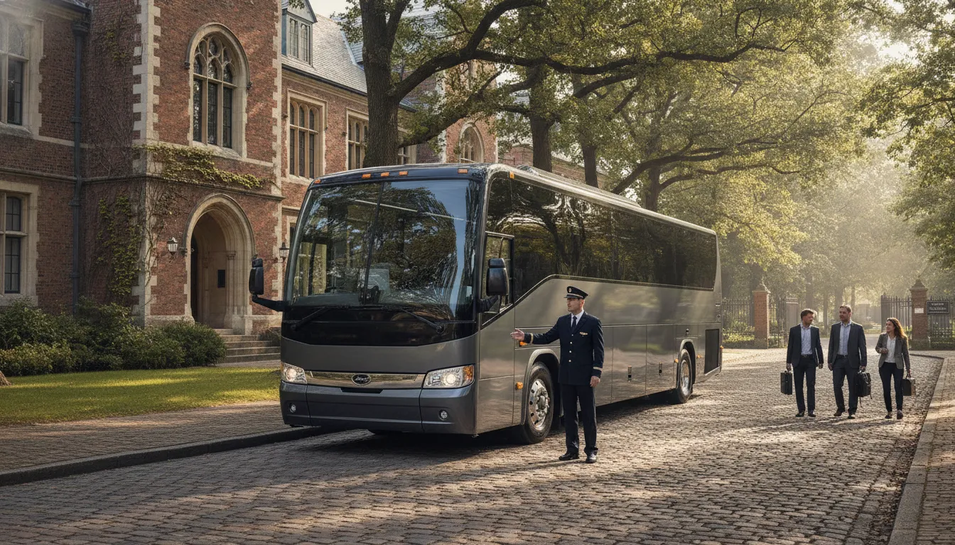 Modern charter bus parked at a Princeton New Jersey campus for group transportation