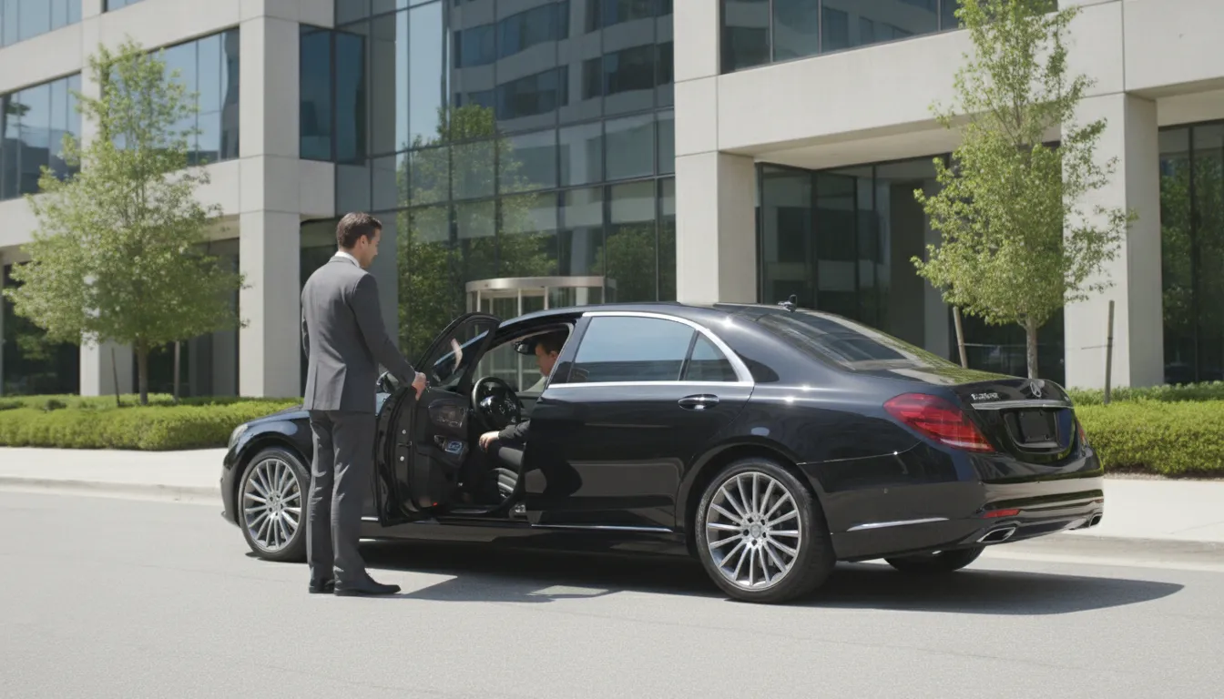 Professional chauffeur in a dark suit beside a luxury black sedan outside a modern Princeton office building