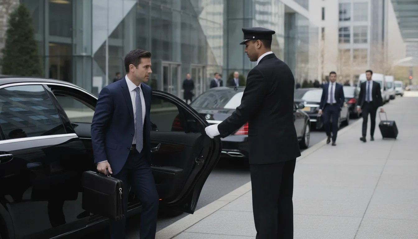 Professional chauffeur assisting an executive outside a luxury sedan at a modern Princeton conference center