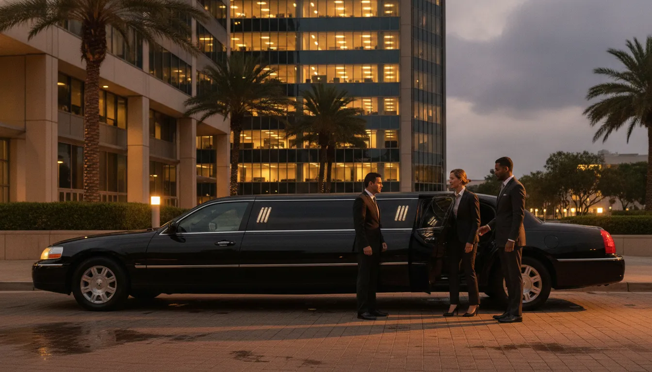 Professional chauffeur opening the door of a black limousine for a group of business travelers in Princeton