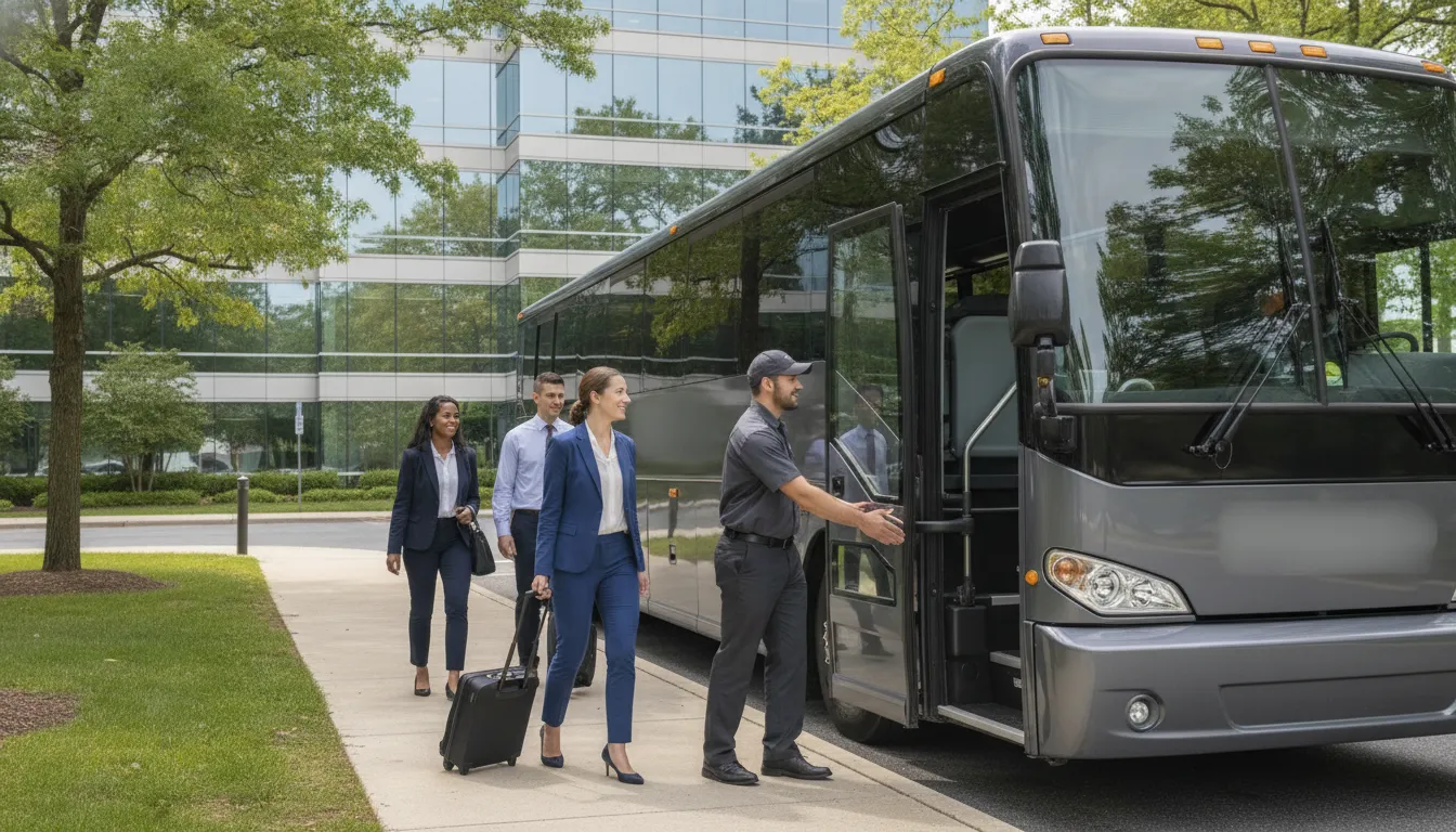 Princeton group shuttle bus with passengers boarding outside a corporate office