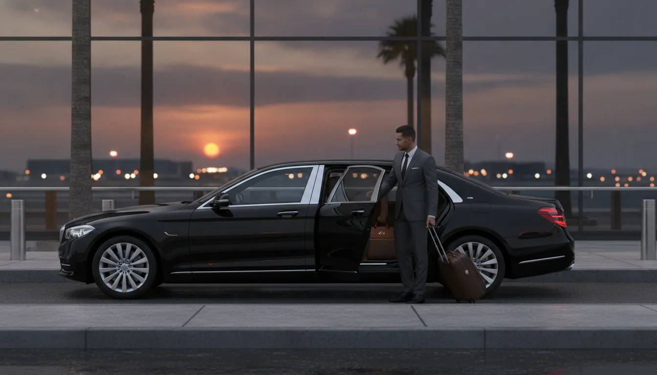 Professional chauffeur opening the door of a black executive sedan for a traveler at an airport terminal
