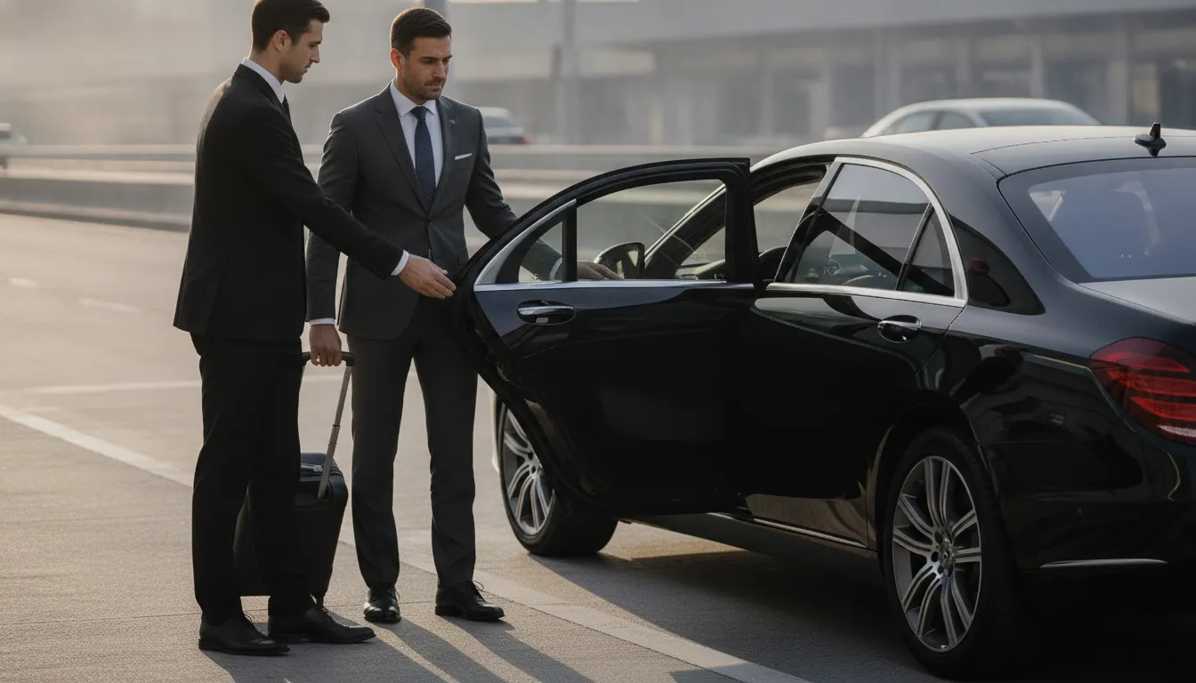 Chauffeur opening the door of a black private airport sedan for a traveler with luggage at an airport arrivals curb