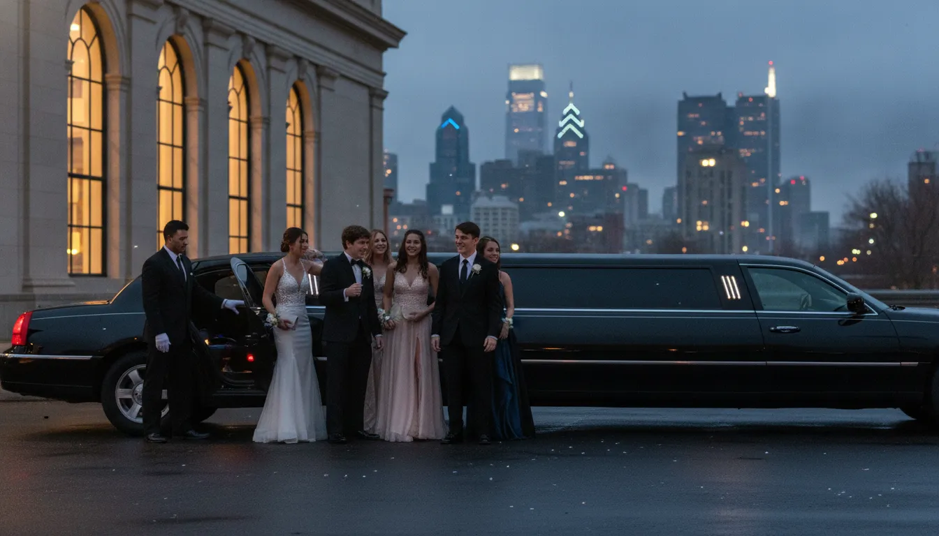 Parents and teens boarding a chauffeured limousine for prom night in Philadelphia