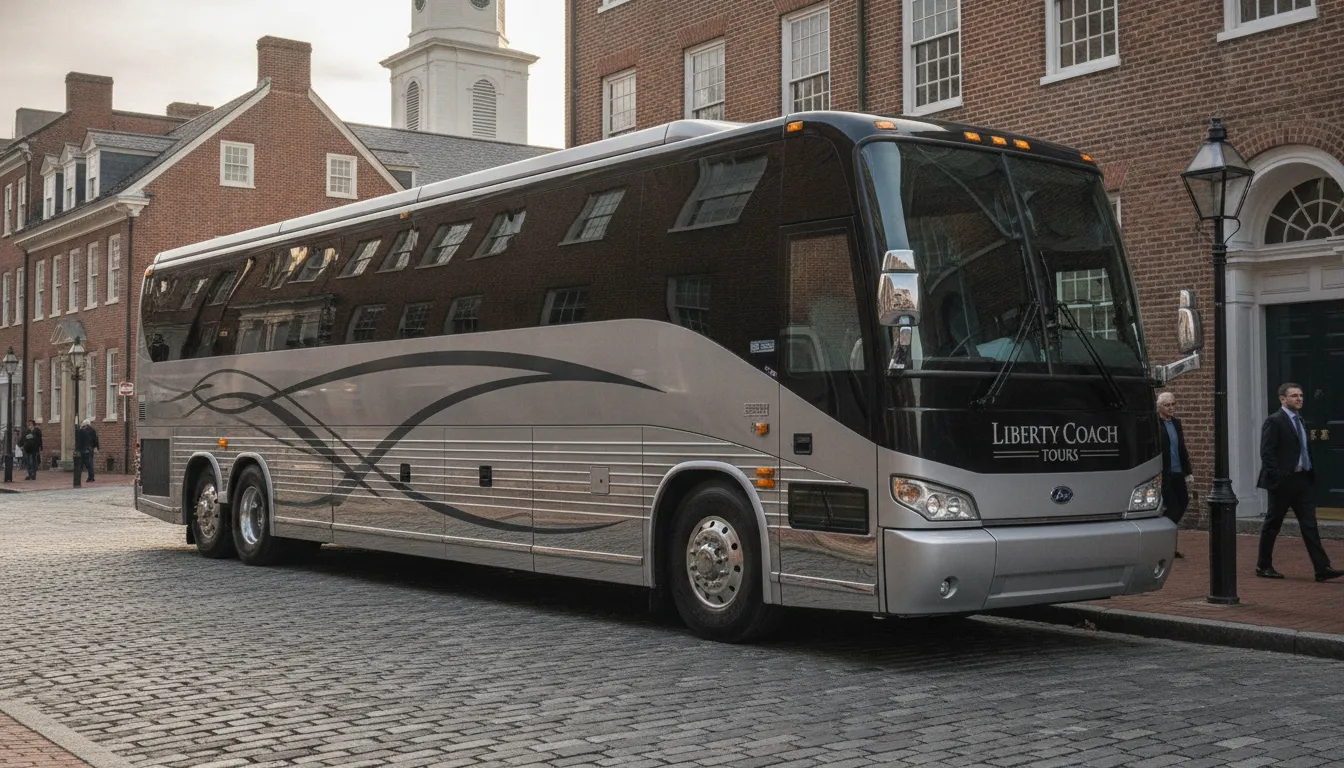 A luxury charter bus motor coach on a Philadelphia street