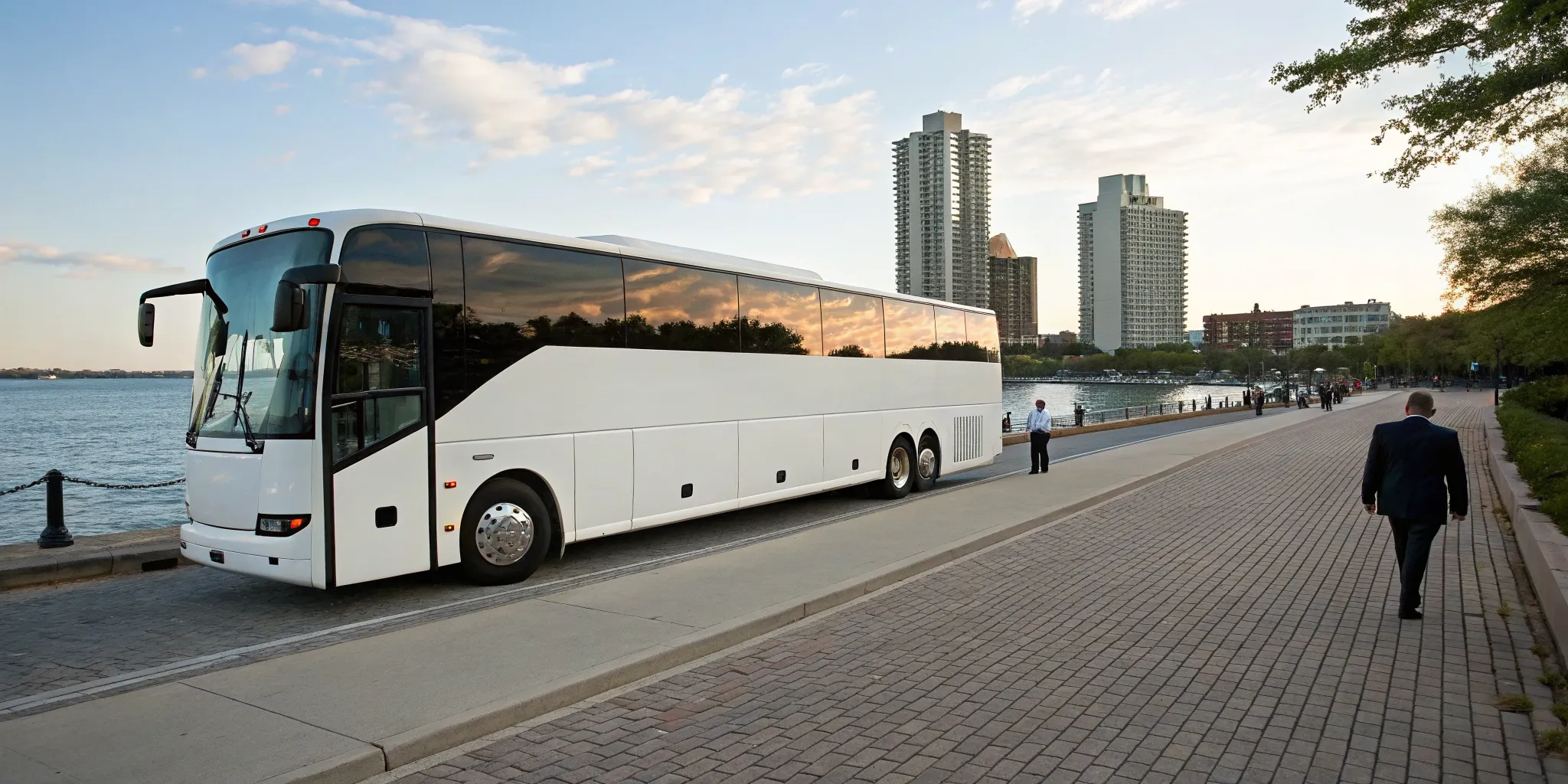 A Wilmington charter bus parked on the waterfront for group travel.