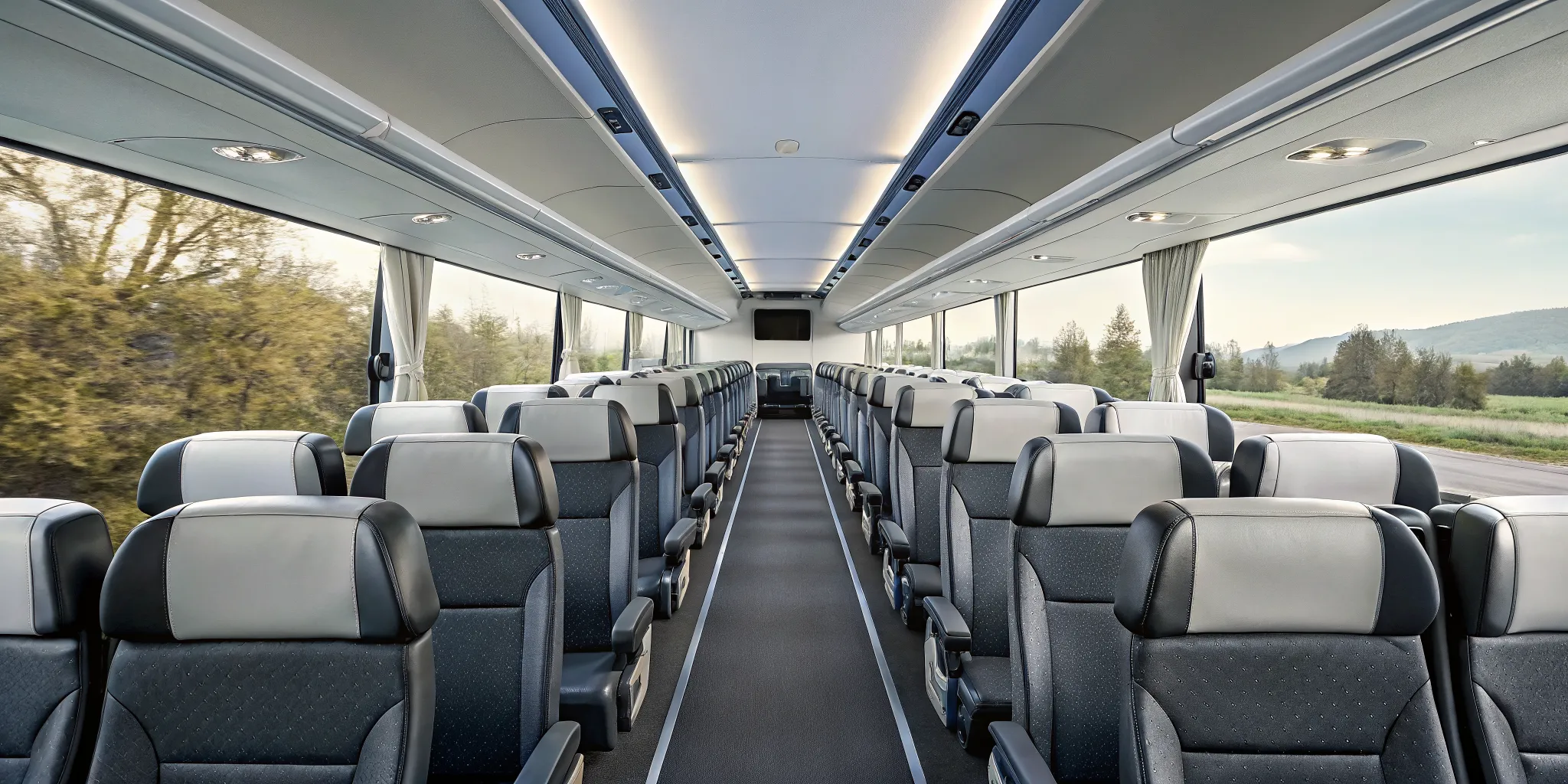 Spacious interior of an AC charter bus with comfortable seats and large windows.