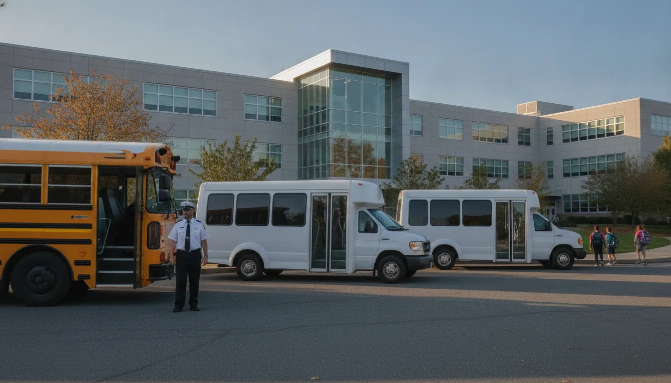 Yellow school bus and white shuttle vans in front of a school in Philadelphia