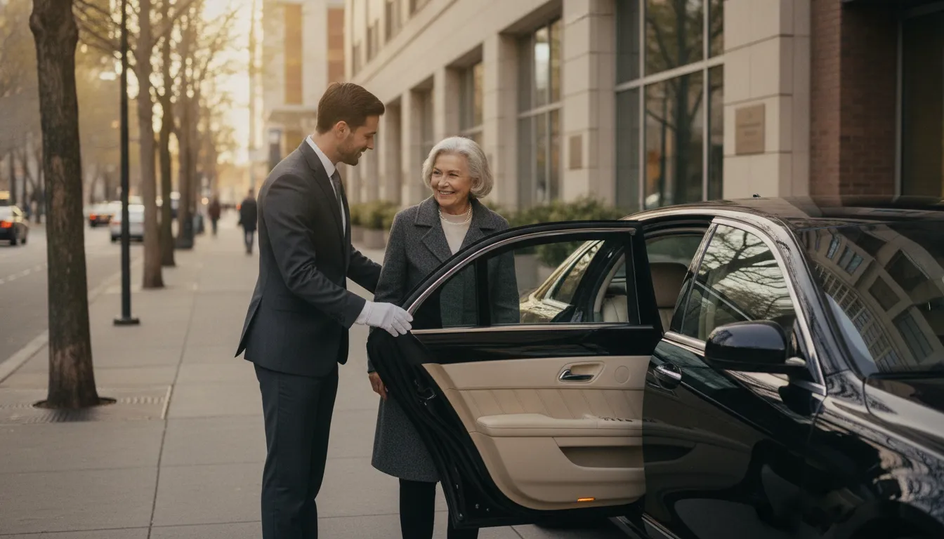 Professional chauffeur assisting a senior woman out of a luxury sedan near a medical building in Philadelphia