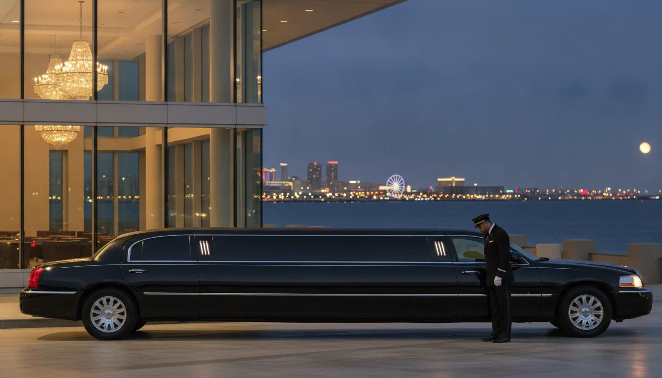 Professional chauffeur and black limousine outside an Atlantic City event venue in the evening