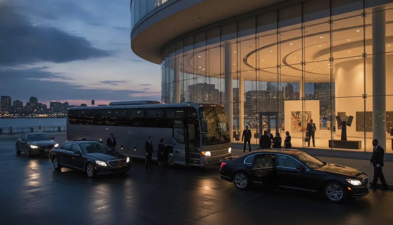 Executive coach and luxury sedans outside a Bayonne conference event venue