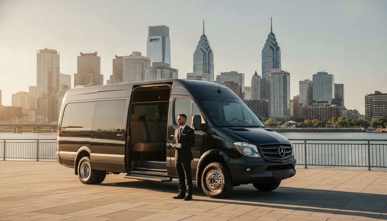 Premium passenger Sprinter van near the Philadelphia skyline