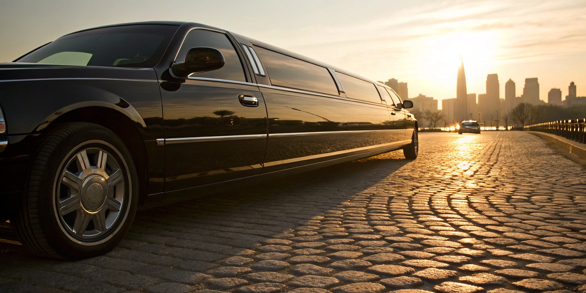 A classic black stretch limo available for rental, parked on a cobblestone road at sunset.