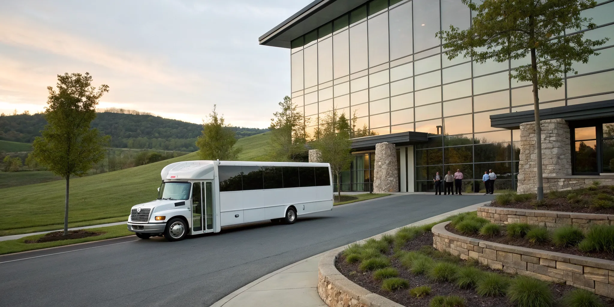 Glen Mills employee shuttle bus parked outside a modern corporate office.